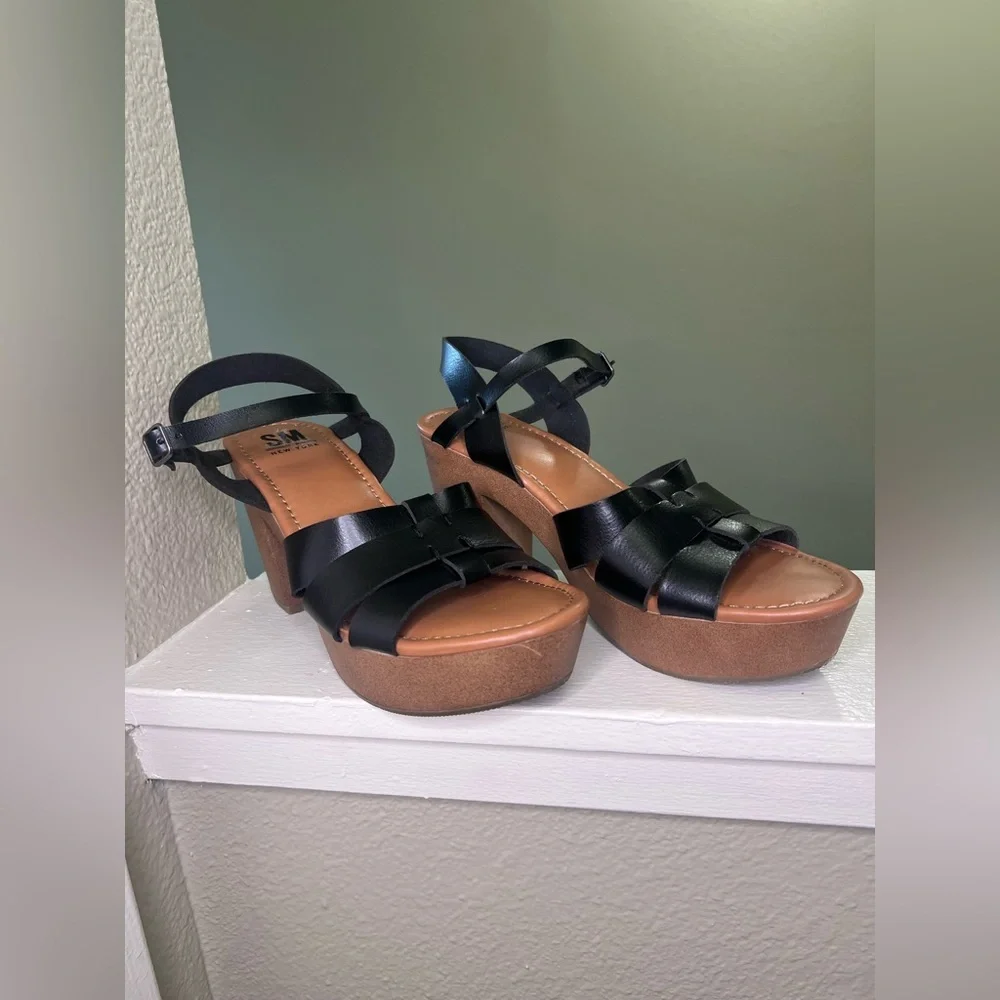 SM New York Black Platform Sandals Chunky Heel Strappy 90s Y2K Size 8.5